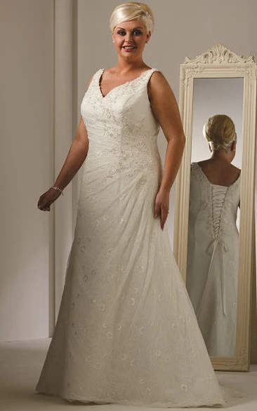 Plus Size V Neck Lace Bridal Gown With Lace