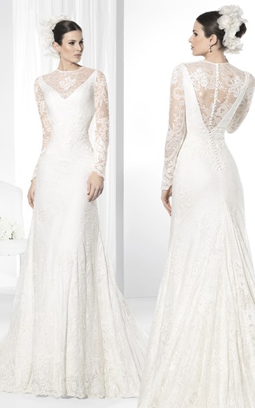 Floor-Length High Neck Long-Sleeve Lace Wedding Dress With Appliques And Illusion