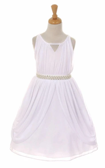 High Neck Tea-Length Pleated Tiered Chiffon Flower Girl Dress With Ribbon