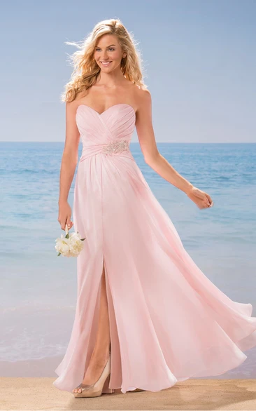Sweetheart A-Line Chiffon Bridesmaid Dress With Front Slit And Jewels