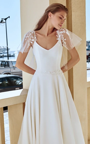 A-Line Cap Sleeve Strapless Ruched Lace Wedding Dress