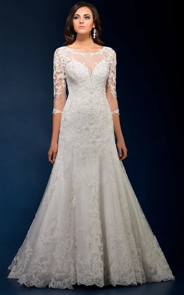3-4 Sleeved Long Wedding Dress With Keyhole Back And Appliques