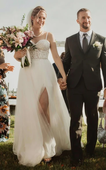 Elegant Spaghetti Open Back Straps Floor-length Sleeveless Garden Wedding Dress