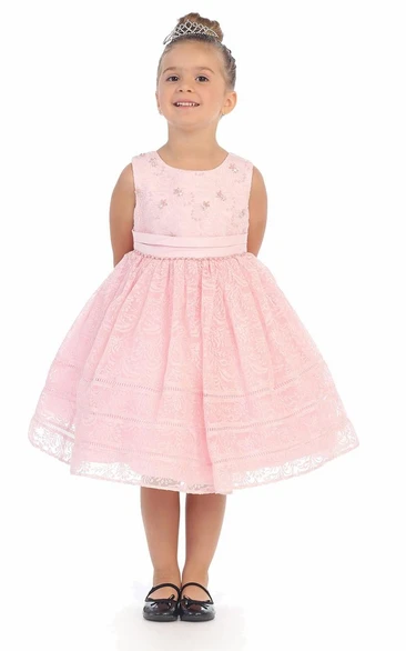 Tea-Length Tiered Pleated Lace Flower Girl Dress With Sash