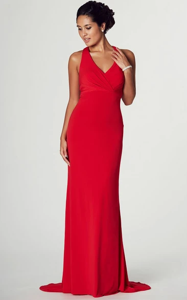 Sleeveless V-Neck Ruched Jersey Prom Dress With Beading And Brush Train