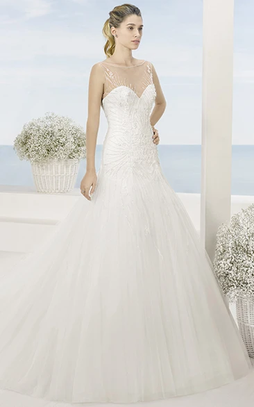 A-Line Beaded Sleeveless Bateau Floor-Length Tulle Wedding Dress With Pleats And Illusion Back