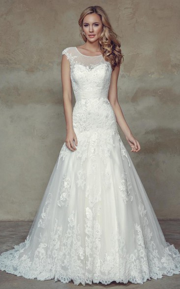 A-Line Cap-Sleeve Scoop-Neck Lace Wedding Dress With Illusion