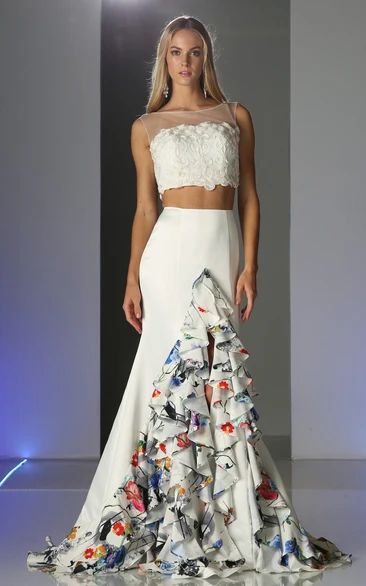 Two-Piece Trumpet Bateau Sleeveless Satin Illusion Dress With Appliques And Cascading Ruffles