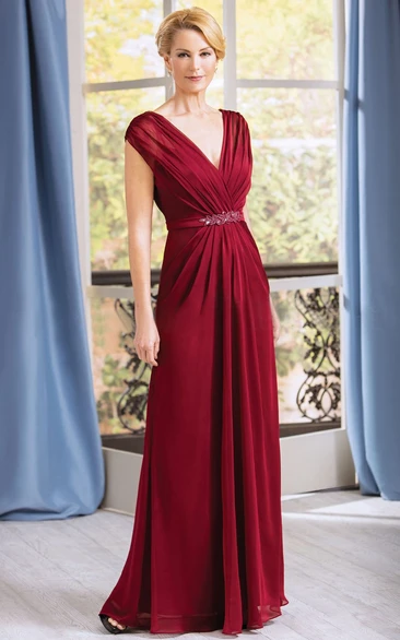 Cap-Sleeved V-Neck A-Line Gown With Pleats And V-Back