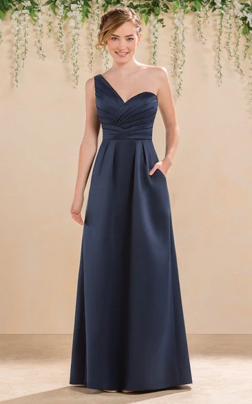One-Shoulder A-Line Satin Gown With Pockets And Ruching