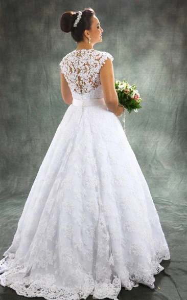 A Line High Neck Lace Button Zipper Wedding Gown
