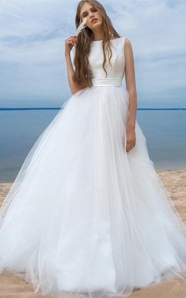 Ball Gown Sleeveless Satin Tulle Modern Open Back Lace-up Wedding Dress with Bow