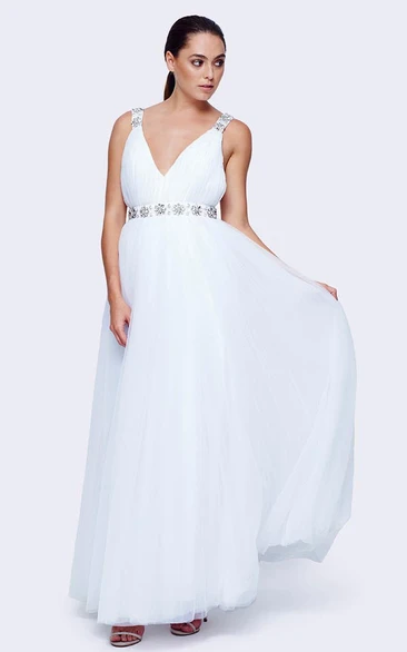A-Line Ankle-Length V-Neck Sleeveless Tulle Wedding Dress With Waist Jewellery And Backless Design