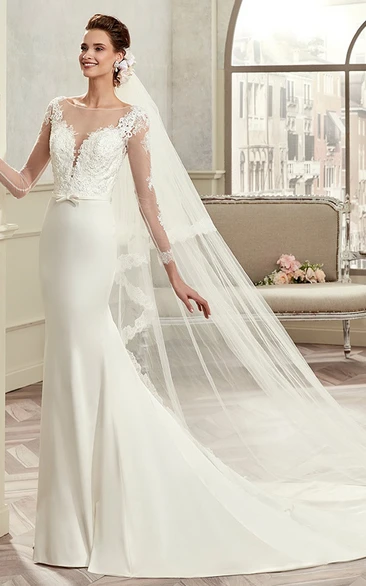 Long-Sleeve Brush-Train Sheath Bridal Gown With Lace Bodice And Satin Skirt