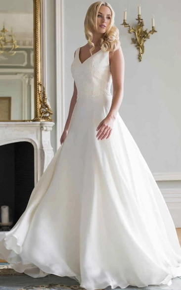 A-Line Long V-Neck Sleeveless Lace Wedding Dress