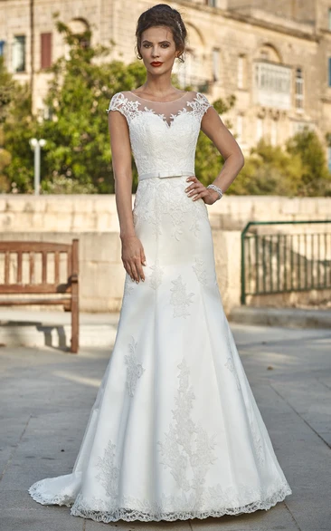 A-Line Scoop-Neck Appliqued Floor-Length Short-Sleeve Satin&Lace Wedding Dress