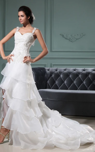 Sleeveless Sweetheart High Low Organza Wedding Gown With Ruffles