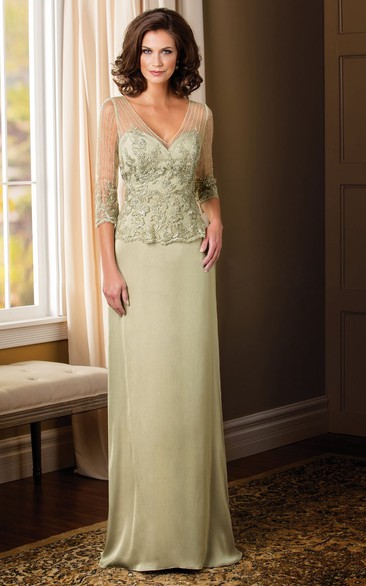 3-4 Sleeved Long Mother Of The Bride Dress With Appliques And V-Back