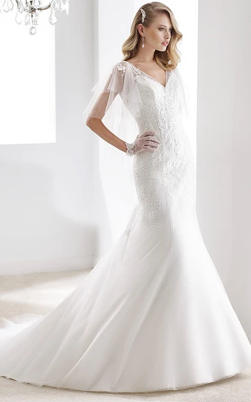 V-Neck Cape-Sleeve Sheath Mermaid Bridal Gown With Open Back