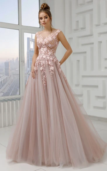 Romantic Ball Gown Lace and Tulle V-neck Floor-length Prom Dress with Appliques