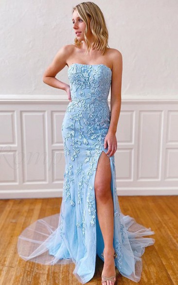 Lace Sleeveless Sheath Sweetheart Floor-length Court Train Prom Dress With Appliques