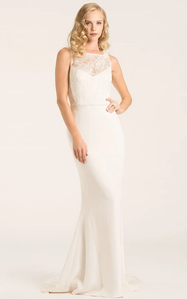 Floor-Length Bateau Lace Chiffon Wedding Dress With Court Train And V Back