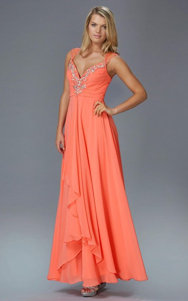 A-Line Long Queen Anne Chiffon Keyhole Dress With Beading And Draping