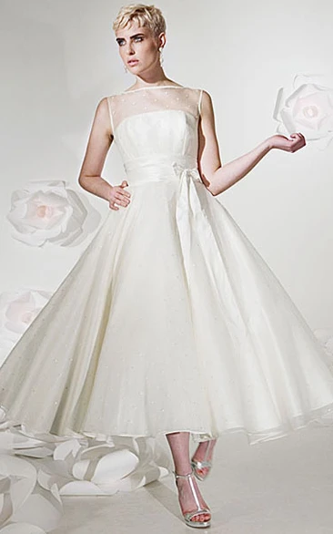 A-Line Tea-Length Sleeveless Jewel-Neck Tulle&Satin Wedding Dress With Ribbon And Illusion