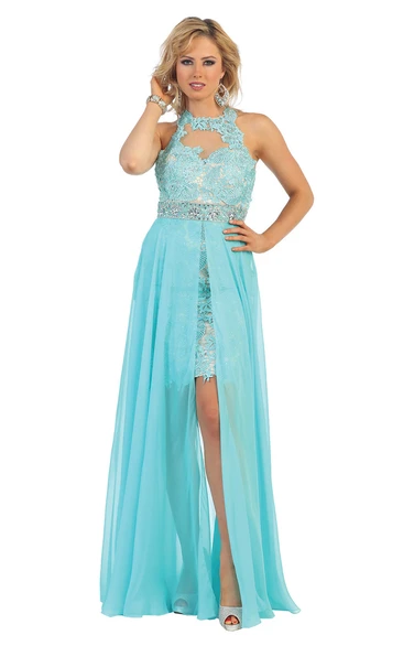 A-Line High Neck Chiffon Lace Illusion Dress With Waist Jewellery And Split Front