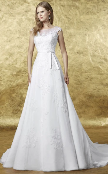 Bateau Maxi Cap-Sleeve Appliqued Lace Wedding Dress With Court Train And Corset Back