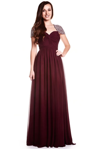 A-Line Floor-Length Sweetheart Criss-Cross Cap-Sleeve Chiffon Prom Dress With Keyhole Back And Beading