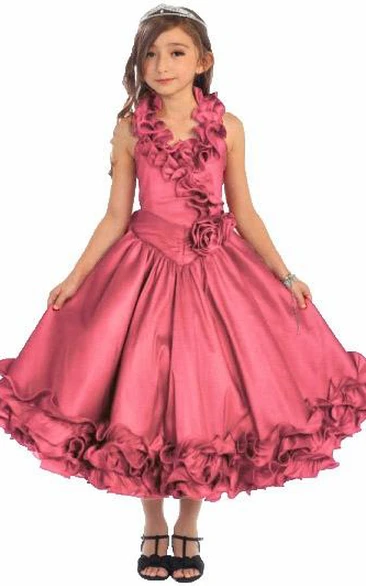 Tea-Length Ruffled Tiered Lace Flower Girl Dress