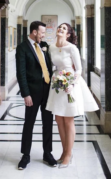 Bateau Neckline Knee Length Satin 3/4 Sleeve Wedding Dress With And Ruching