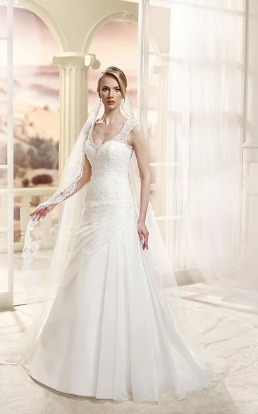 A-Line V-Neck Appliqued Sleeveless Floor-Length Satin Wedding Dress With Side Draping