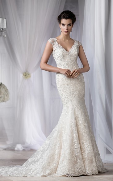 Cap-Sleeved V-Neck Mermaid Gown With Crystal Detail