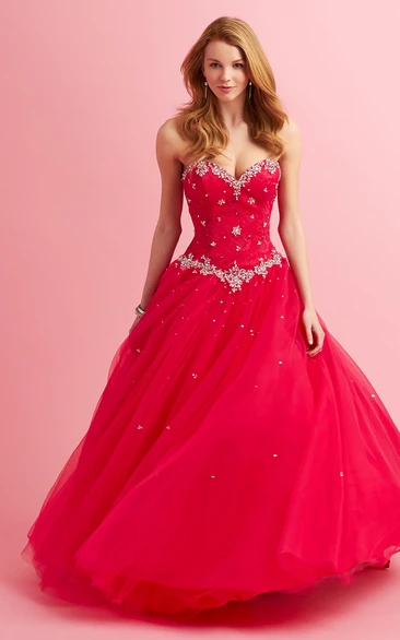 Ball Gown Maxi Sweetheart Sleeveless Tulle Dress With Lace And Beading