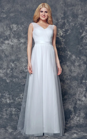 Elegant V-neck and V-Back Long Tulle Bridesmaid Dress With Sash and Pleats