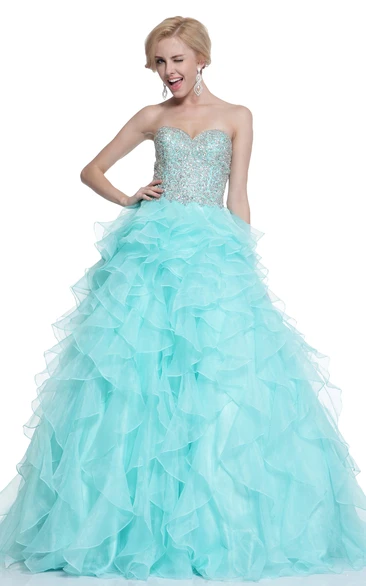 Ball Gown Sweetheart Organza Zipper Dress With Cascading Ruffles And Beading