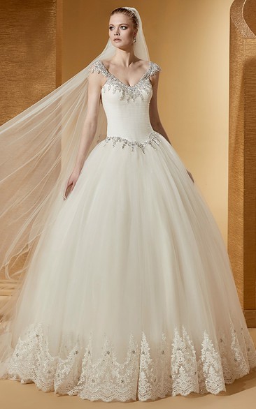 Fancy Beaded V-Neck Cap Sleeve Ball Gown With Embroideries And Open Back