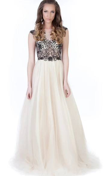 A-Line Maxi Beaded Jewel-Neck Cap-Sleeve Tulle Prom Dress With Pleats