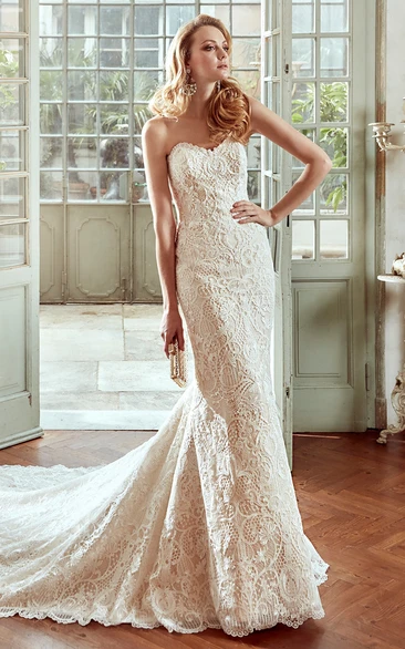 Sweetheart Sheath Lace Wedding Dress With Court Train And Beaded Belt