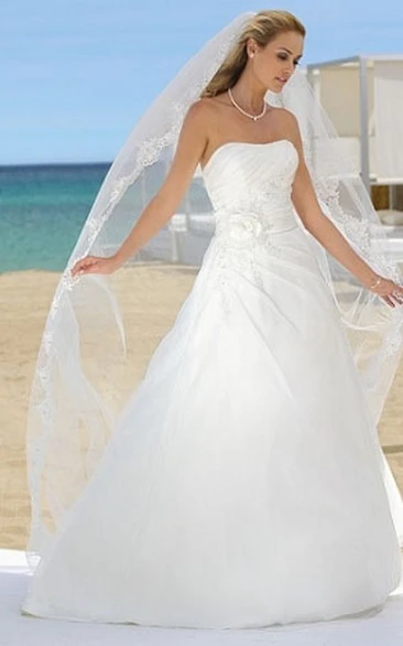 Maxi Strapless Floral Satin Wedding Dress With Side Draping