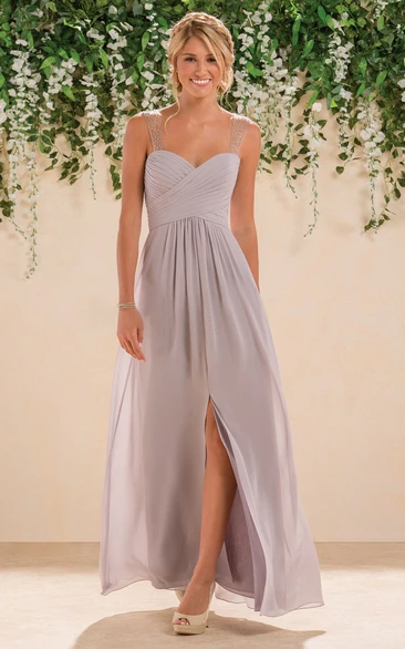 Sleeveless A-Line Bridesmaid Dress With Illusion Straps And Front Slit