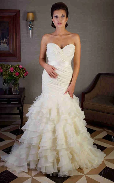 Mermaid Sweetheart Tiered Organza Wedding Dress With Criss Cross And Ribbon