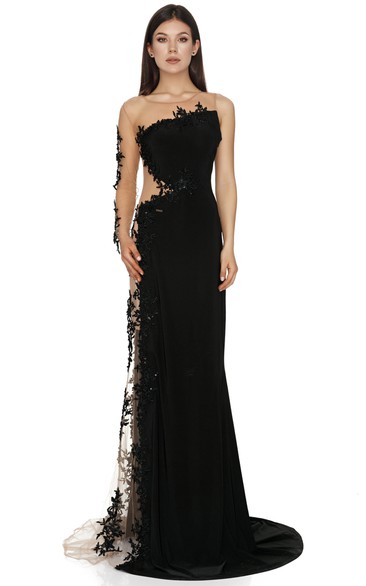 Modern Jersey Long Sleeve Sweep Train Sheath Prom Dress with Appliques
