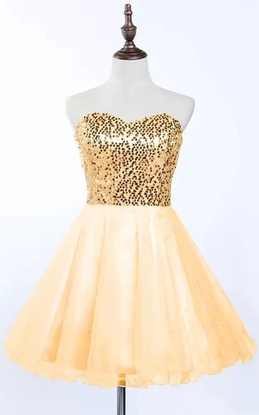 A-line Short Mini Sleeveless Sweetheart Pleats Sequins Tulle Sequins Homecoming Dress