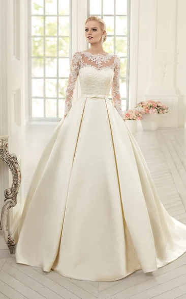 Ball Gown Floor-Length Jewel Long-Sleeve Corset-Back Satin Dress With Appliques
