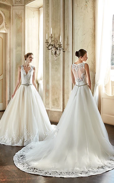 Ball Gown V-Neck Appliqued Floor-Length Sleeveless Tulle&Lace Wedding Dress With Waist Jewellery