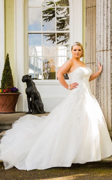 Plus Size Strapless Bridal Gown With Lace Up And Crystal