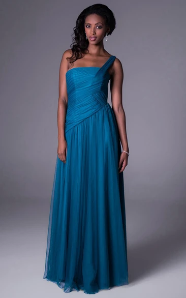 One-Shoulder Floor-Length Ruched Tulle Bridesmaid Dress With Straps